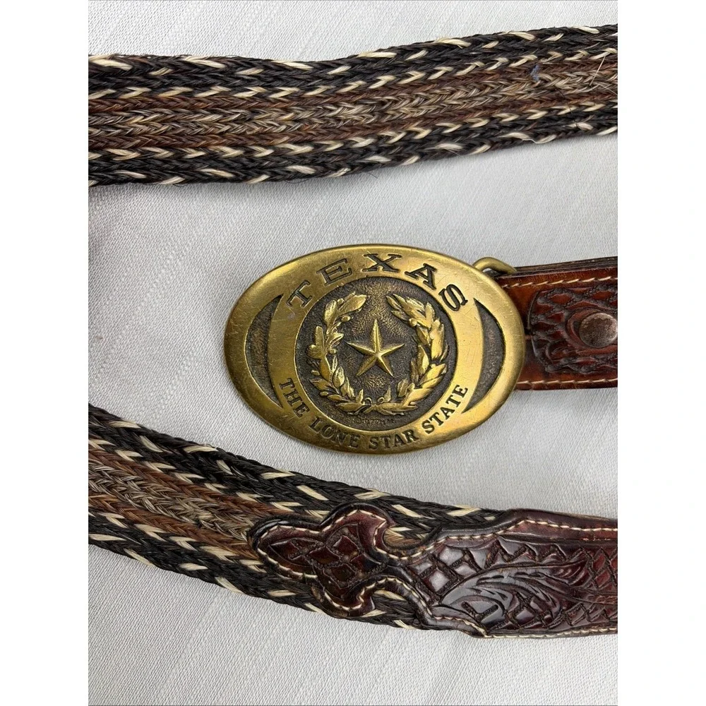 Vintage Hand Braided Horsehair Belt Texas Lone Star Brass Buckle Size 34
